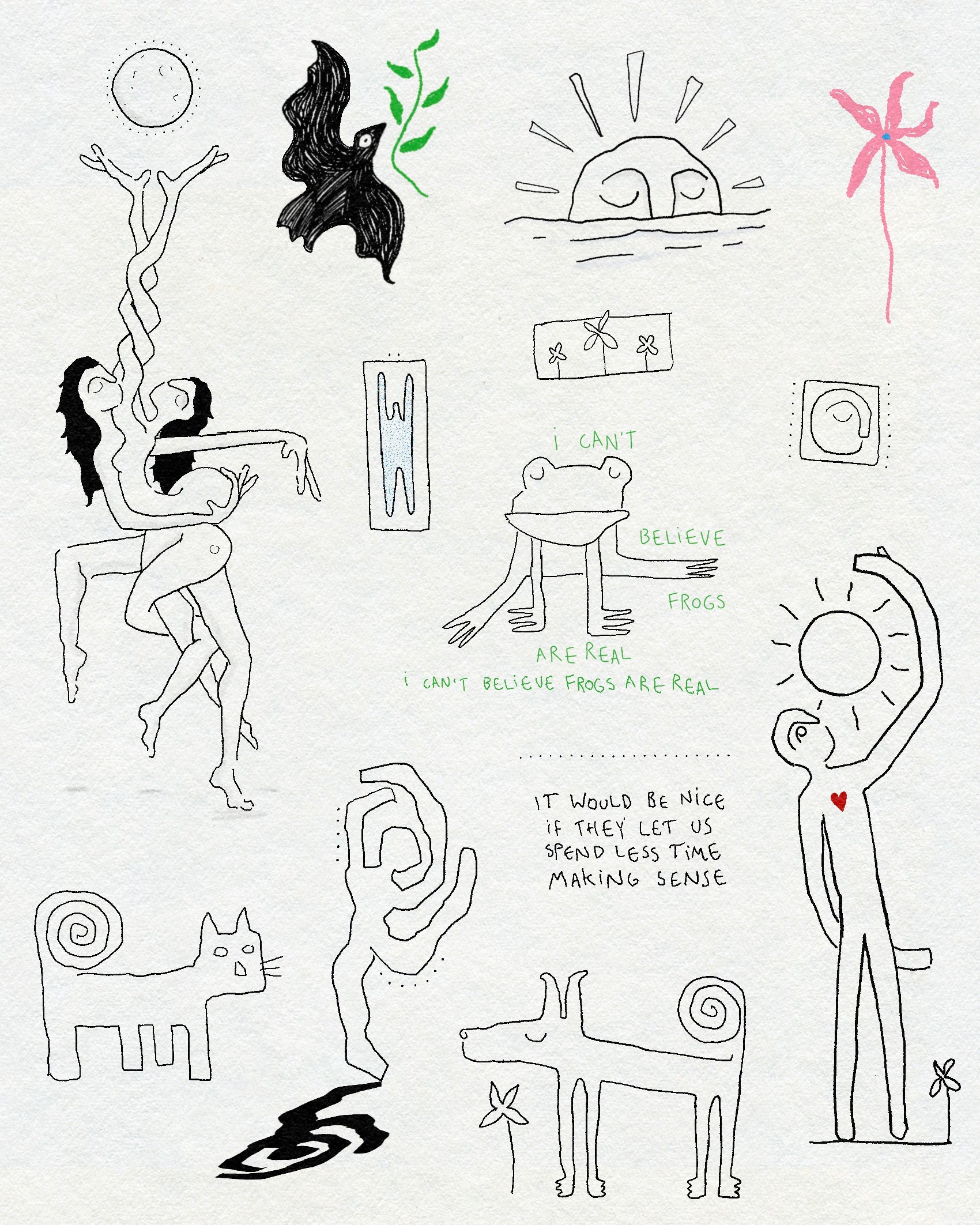 A collection of fine line and textural drawings of figures in nature including sunshine, moon, frog, flower, dog, cat and bird. In black, green and pink ink. 