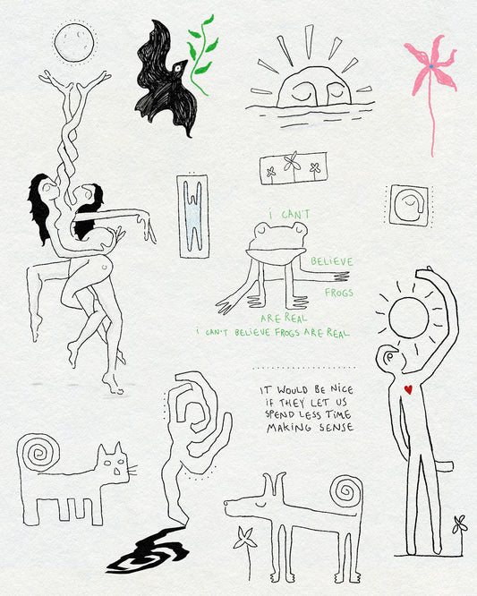 A collection of fine line and textural drawings of figures in nature including sunshine, moon, frog, flower, dog, cat and bird. In black, green and pink ink. 