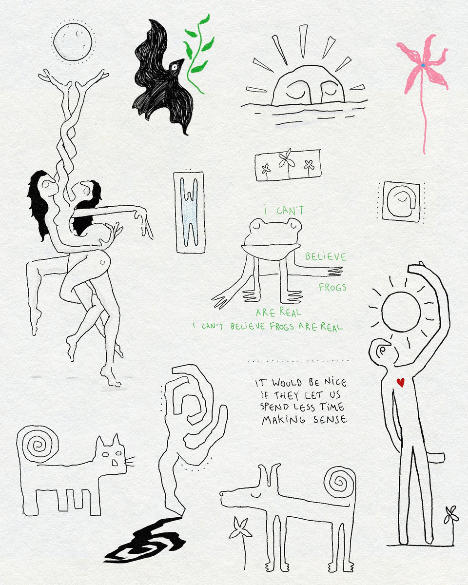 A collection of fine line and textural drawings of figures in nature including sunshine, moon, frog, flower, dog, cat and bird. In black, green and pink ink. 