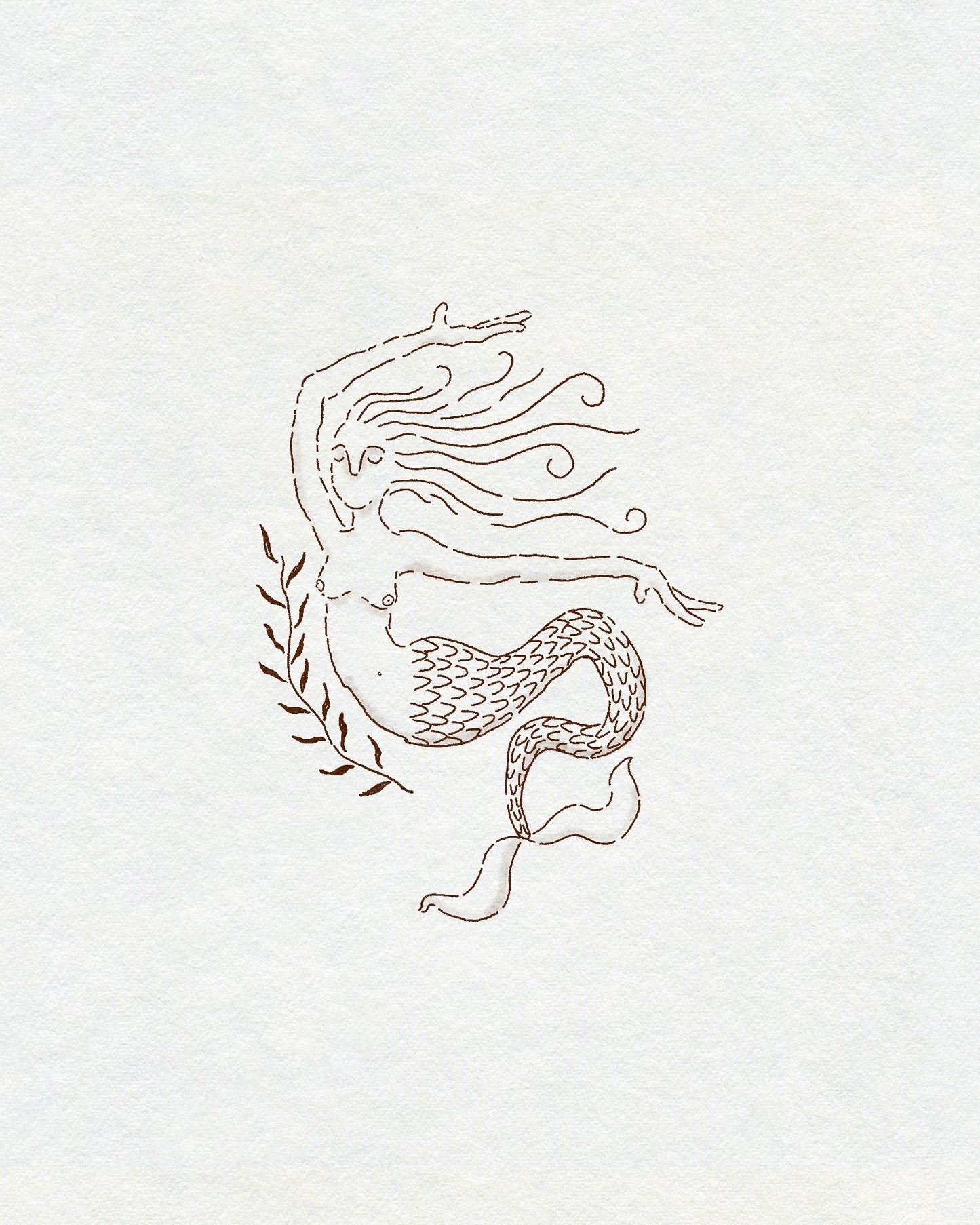 A sketch-style delicate fineline mermaid in brown ink with a plant next to her. On cream textured background.