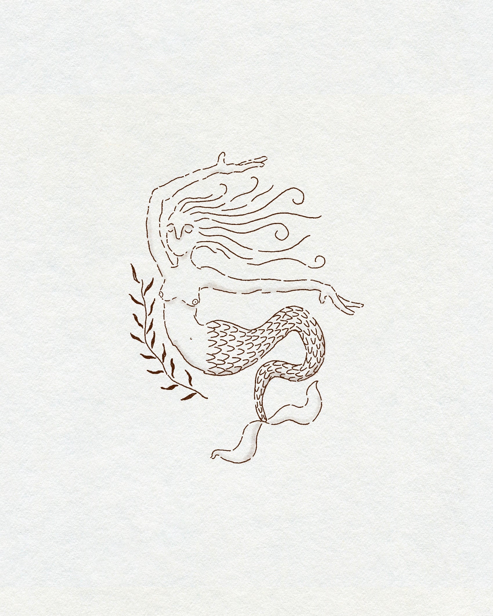 A sketch-style delicate fineline mermaid in brown ink with a plant next to her. On cream textured background.
