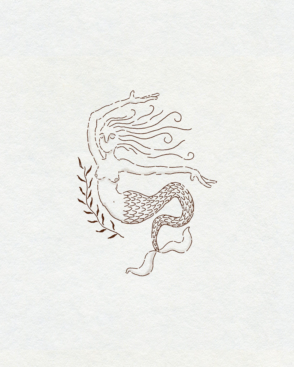 A sketch-style delicate fineline mermaid in brown ink with a plant next to her. On cream textured background.