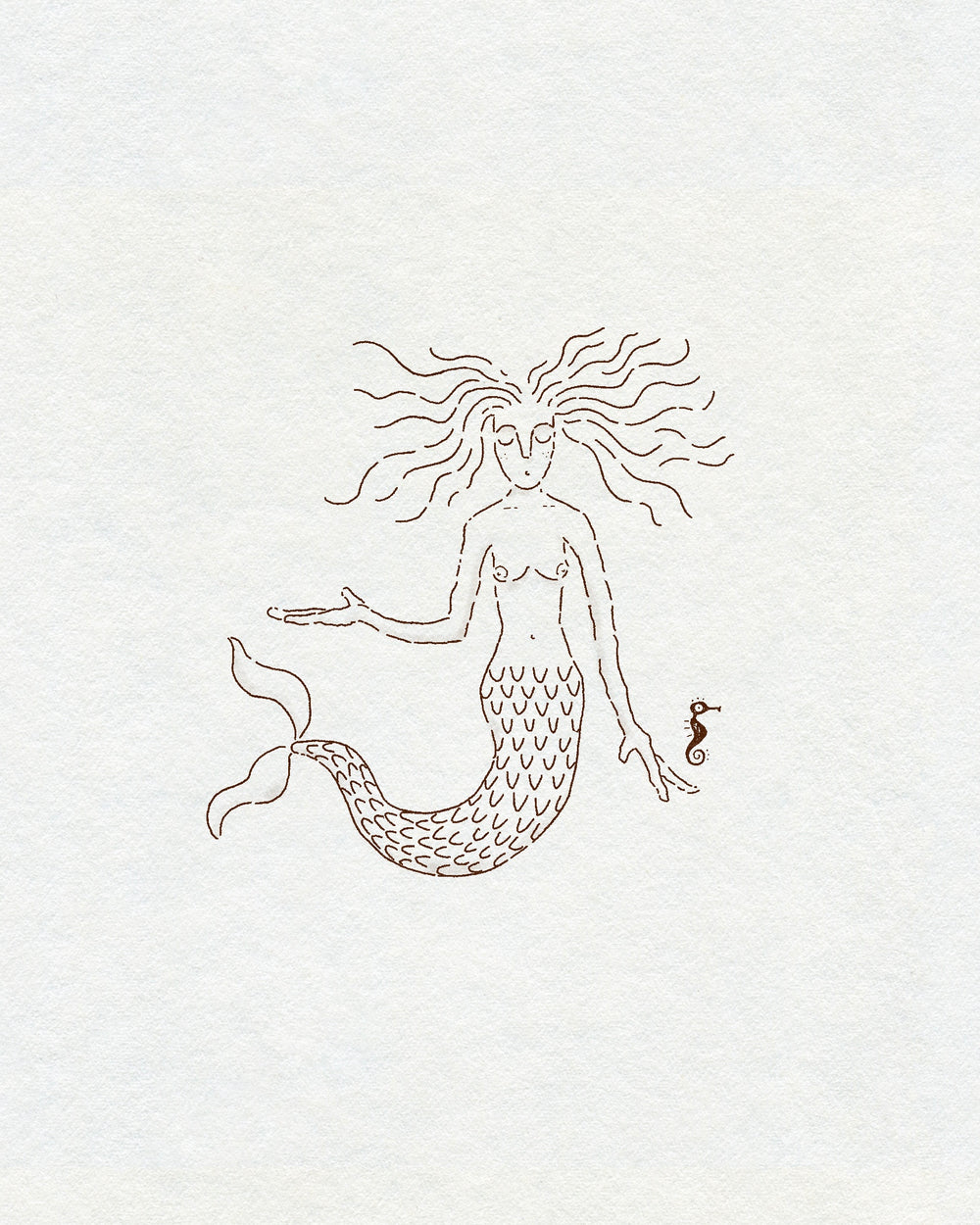 Fine line mermaid and tiny seahorse in brown ink on a cream textured background.