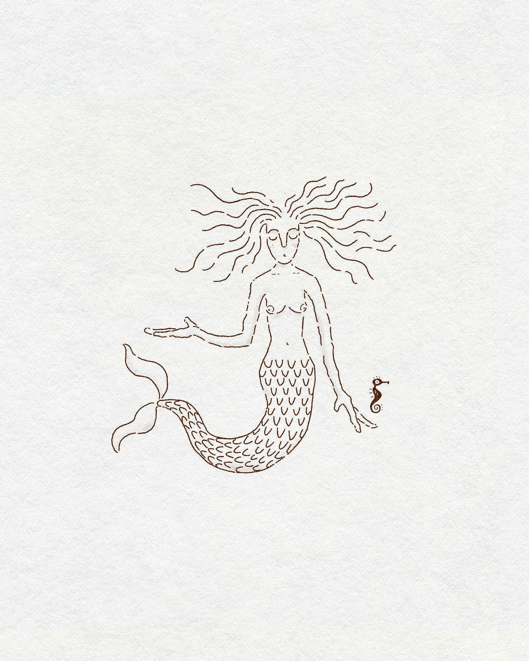 Fine line mermaid and tiny seahorse in brown ink on a cream textured background.