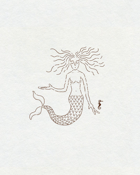 Fine line mermaid and tiny seahorse in brown ink on a cream textured background.
