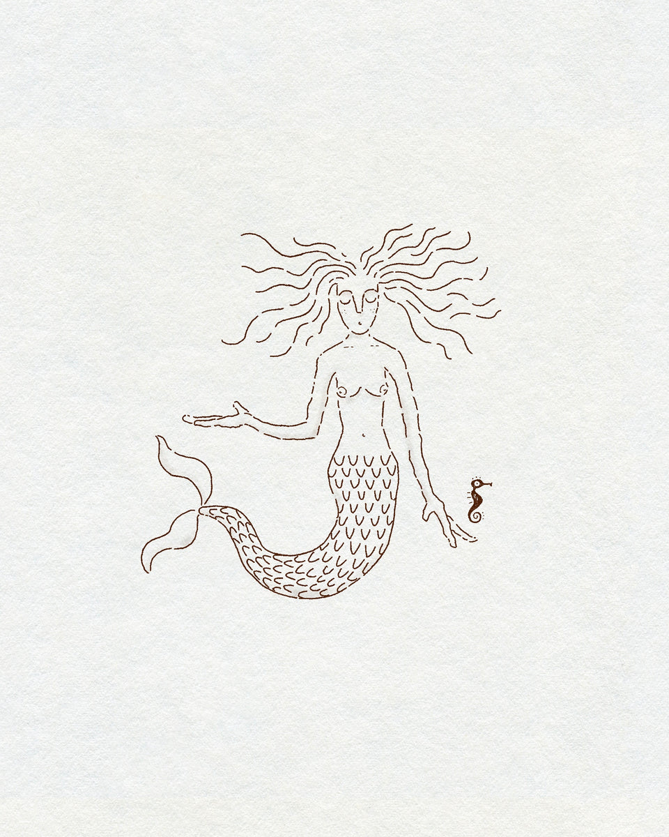Fine line mermaid and tiny seahorse in brown ink on a cream textured background.