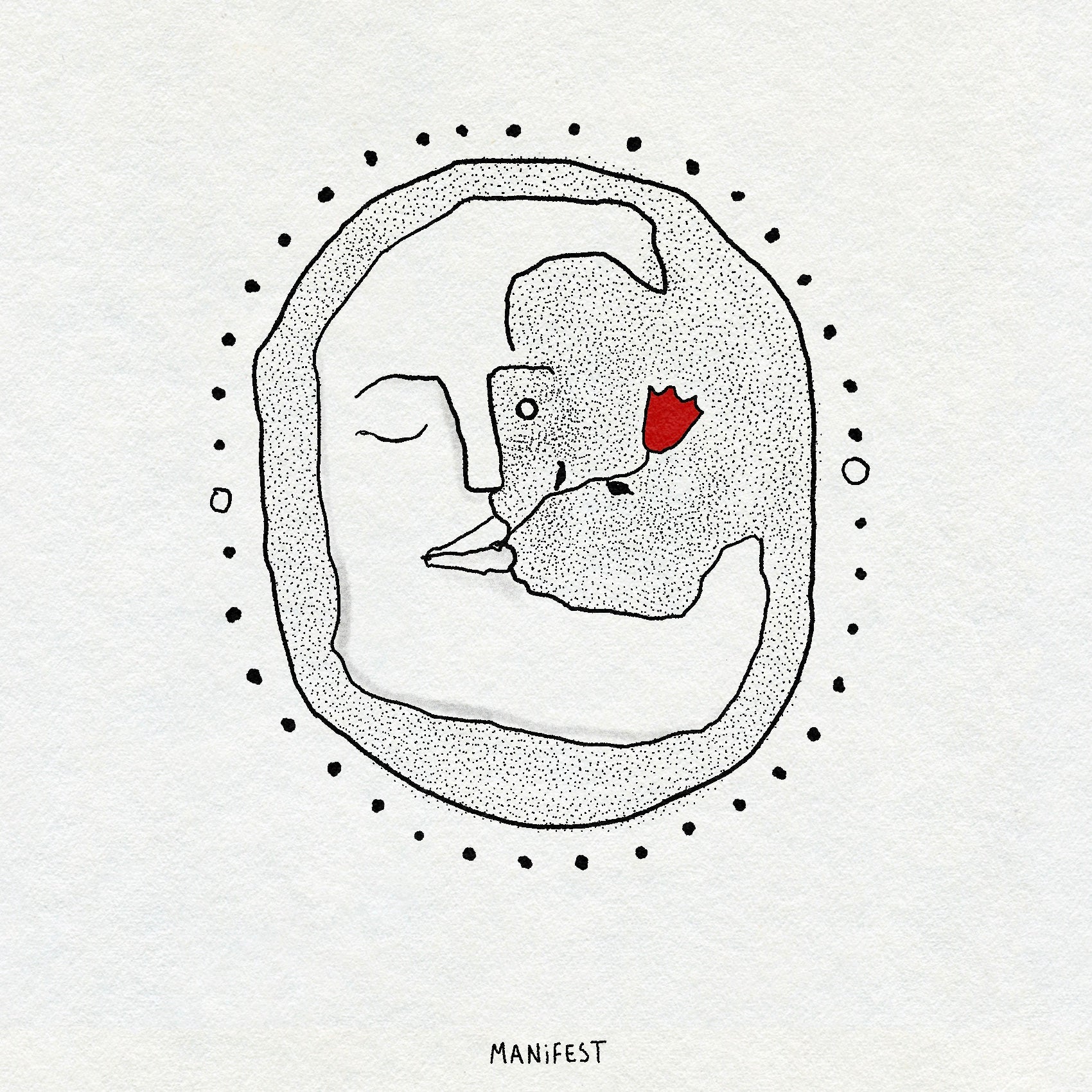 Fineline and dotwork illustration of a moon with a dotted line and circle around it. The moon has a face with the eyes closed and has a red tulip in their mouth.