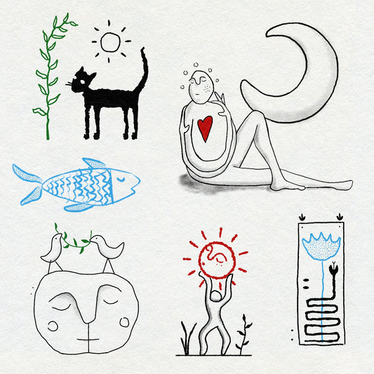 Collection of illustrations including a figure and moon, a black cat, a blue fish and a person holding a sunshine. In black, red, blue and green ink. 