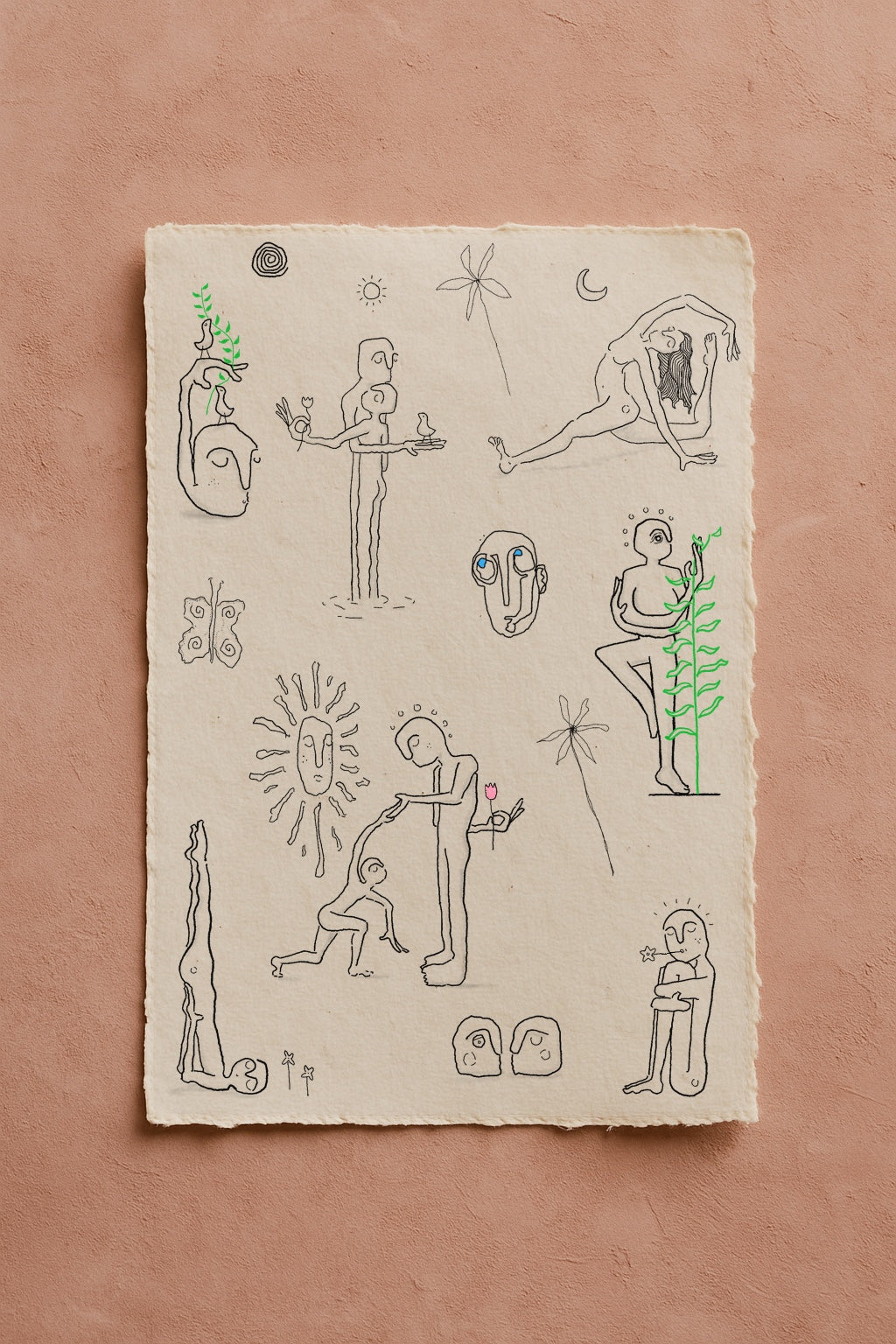 A collection of fine line drawings of figures in yoga poses and embracing. Including plants, flowers, sunshine, moon, a butterfly and faces. In black, green, pink and blue ink on textured cream paper. The paper rests on an earthy orange background.