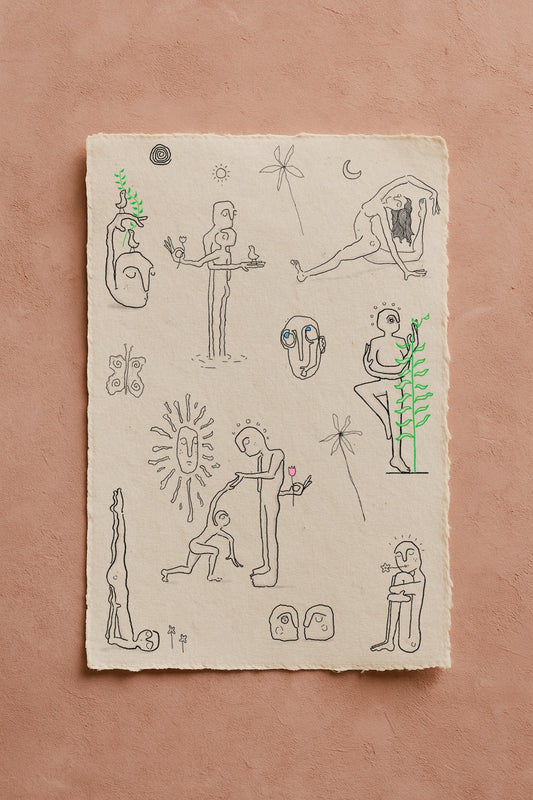 A collection of fine line drawings of figures in yoga poses and embracing. Including plants, flowers, sunshine, moon, a butterfly and faces. In black, green, pink and blue ink on textured cream paper. The paper rests on an earthy orange background.