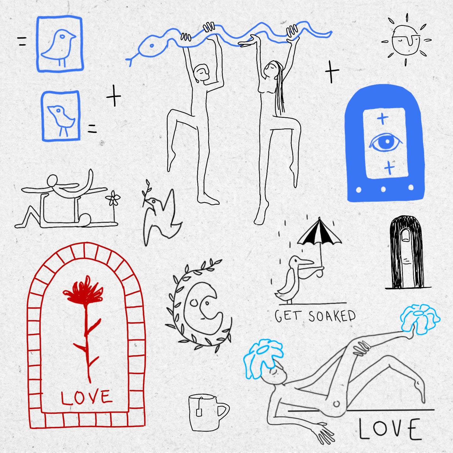 Collection of hand-drawn illustrations on a textured surface with various symbols and text including sunshine, eyes, birds, figures a moon and flowers in blue, black and red ink