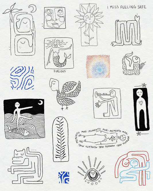 A collection of drawings of flowers, snakes, fish, an eye, figures, rainbow dotwork, fineline faces and abstract blue tile tattoos. In black and colourful ink. Text says I MISS FEELING SAFE, FURIOUS and MEMENTO MORI.