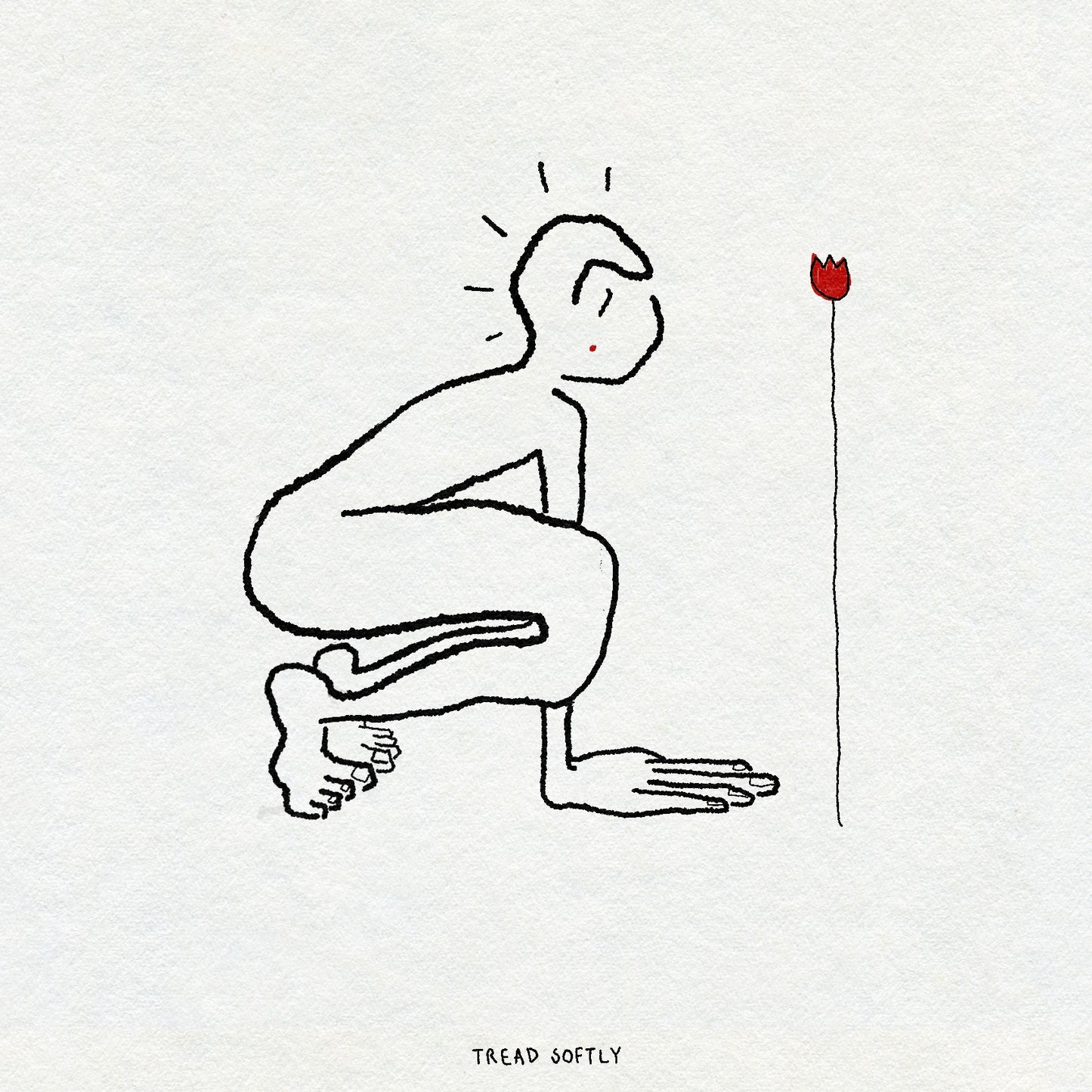 Fine line drawing of a person crouching next to a red flower with TREAD SOFTLY text underneath.