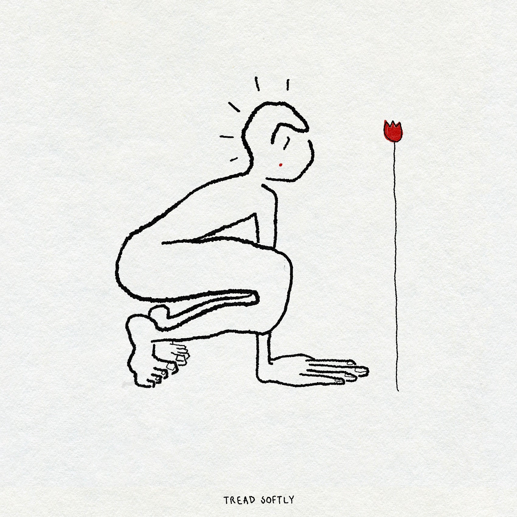 Fine line drawing of a person crouching next to a red flower with TREAD SOFTLY text underneath.