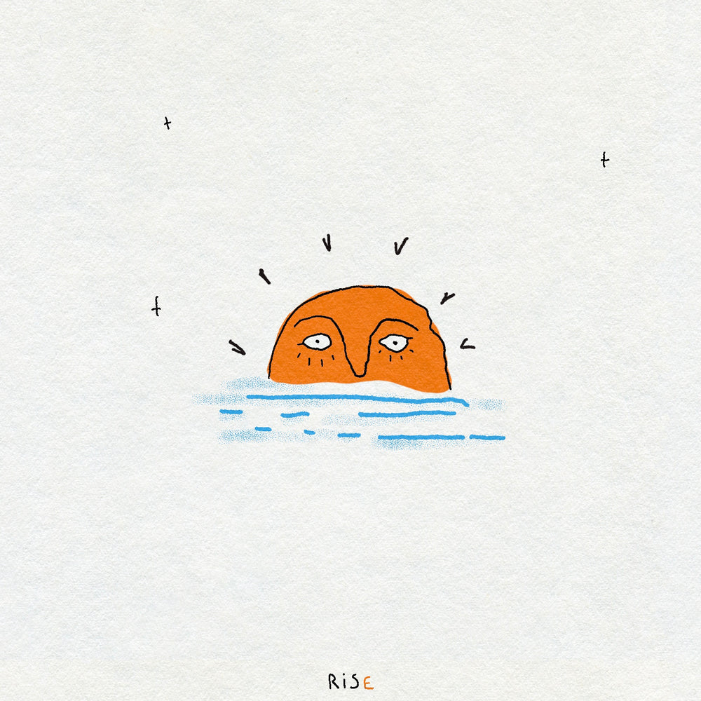 Drawing of an orange sun rising over the blue sea on a texture background. The sun has a face. 
