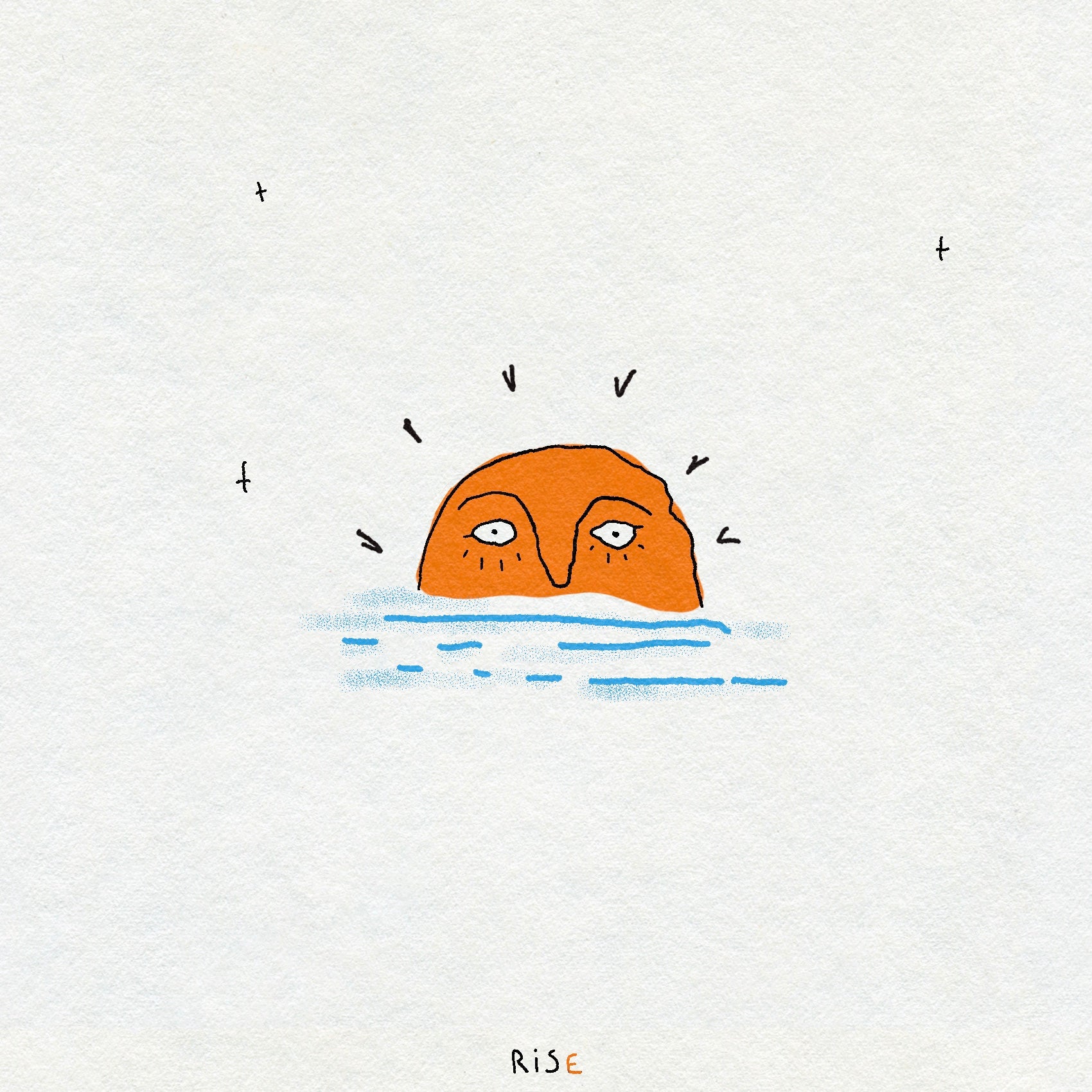Drawing of an orange sun rising over the blue sea on a texture background. The sun has a face. 