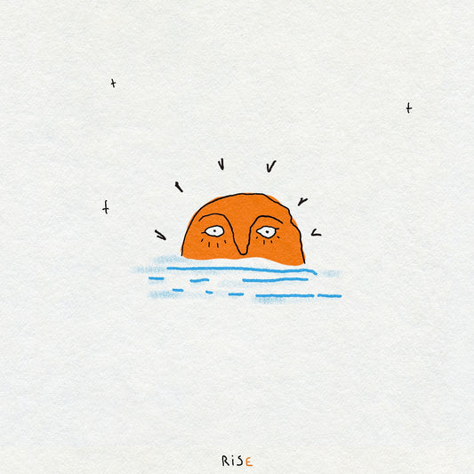 Drawing of an orange sun rising over the blue sea on a texture background. The sun has a face. 