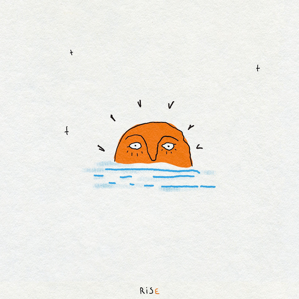 Drawing of an orange sun rising over the blue sea on a texture background. The sun has a face. 