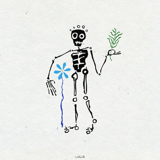 Bold black linework skeleton holding a blue flower and green plant on a white background