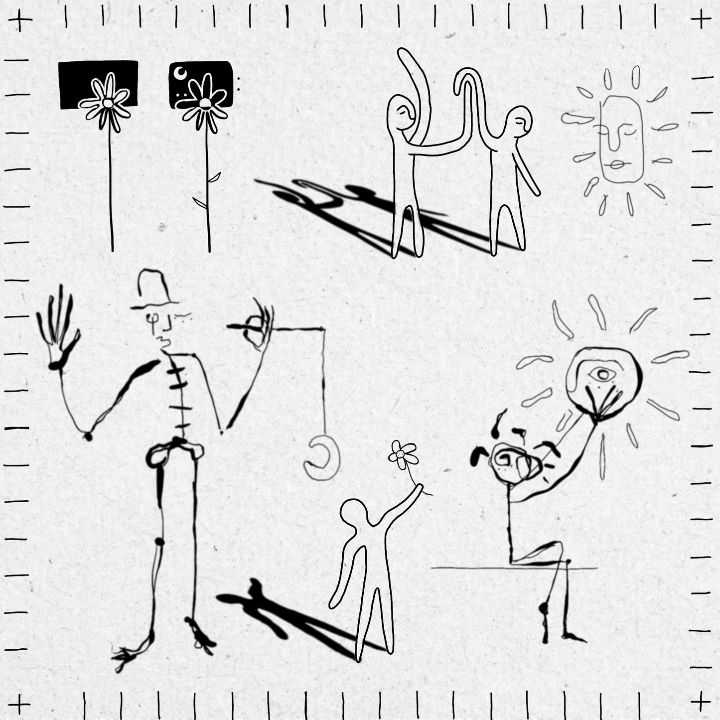 Black and white line drawings of various figures and objects including flowers, sunshine, a skeleton and figures. 