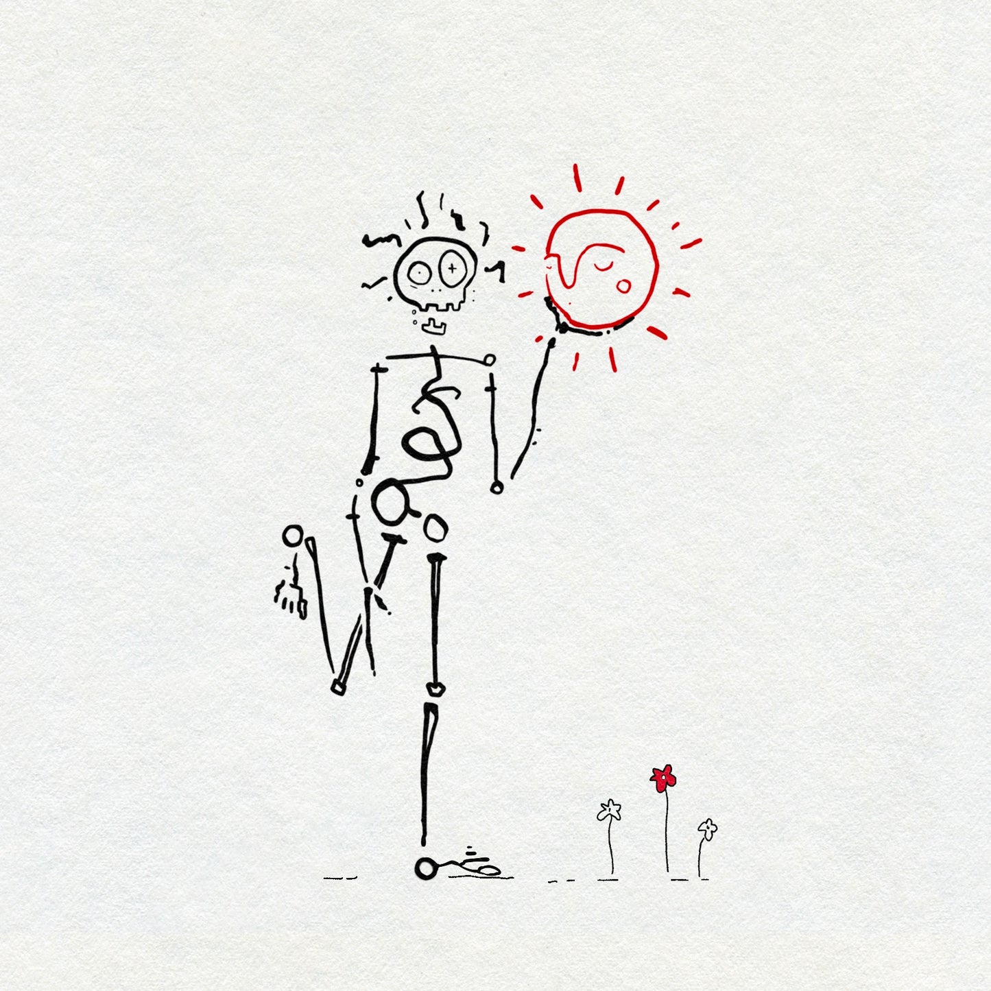 Bold linework drawing of a skeleton in black ink holding a red fine line sunshine on a white background with tiny delicate flowers below it. 