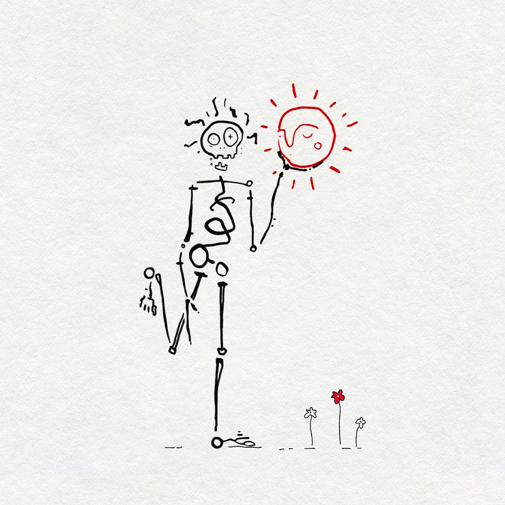 Bold linework drawing of a skeleton in black ink holding a red fine line sunshine on a white background with tiny delicate flowers below it. 