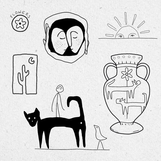 A collection of fineline and blackwork drawings of a sun, faces embracing, flower, cactus, cat, bird, figure and a vase with dogs on it. In black ink on a textured background. 