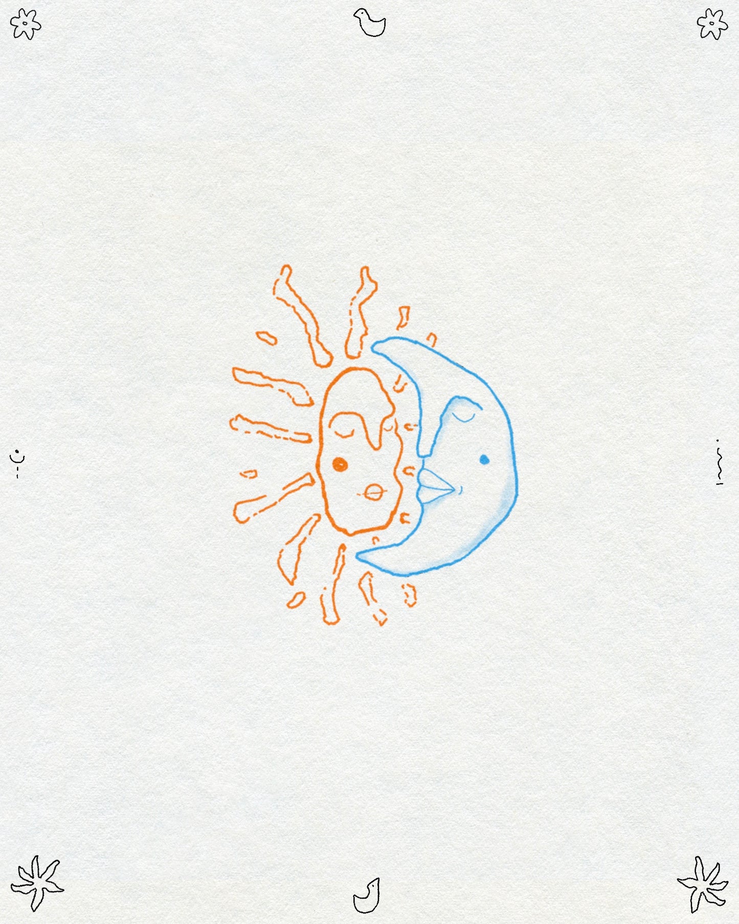 A doodle style drawing of an orange sun with a face and blue crescent moon with a face embracing. Small birds, flowers and symbols are around the edge of the page. 