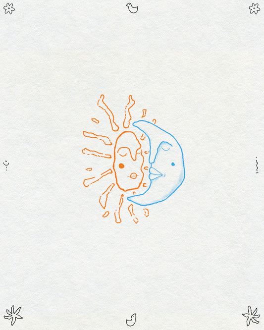 A doodle style drawing of an orange sun with a face and blue crescent moon with a face embracing. Small birds, flowers and symbols are around the edge of the page. 
