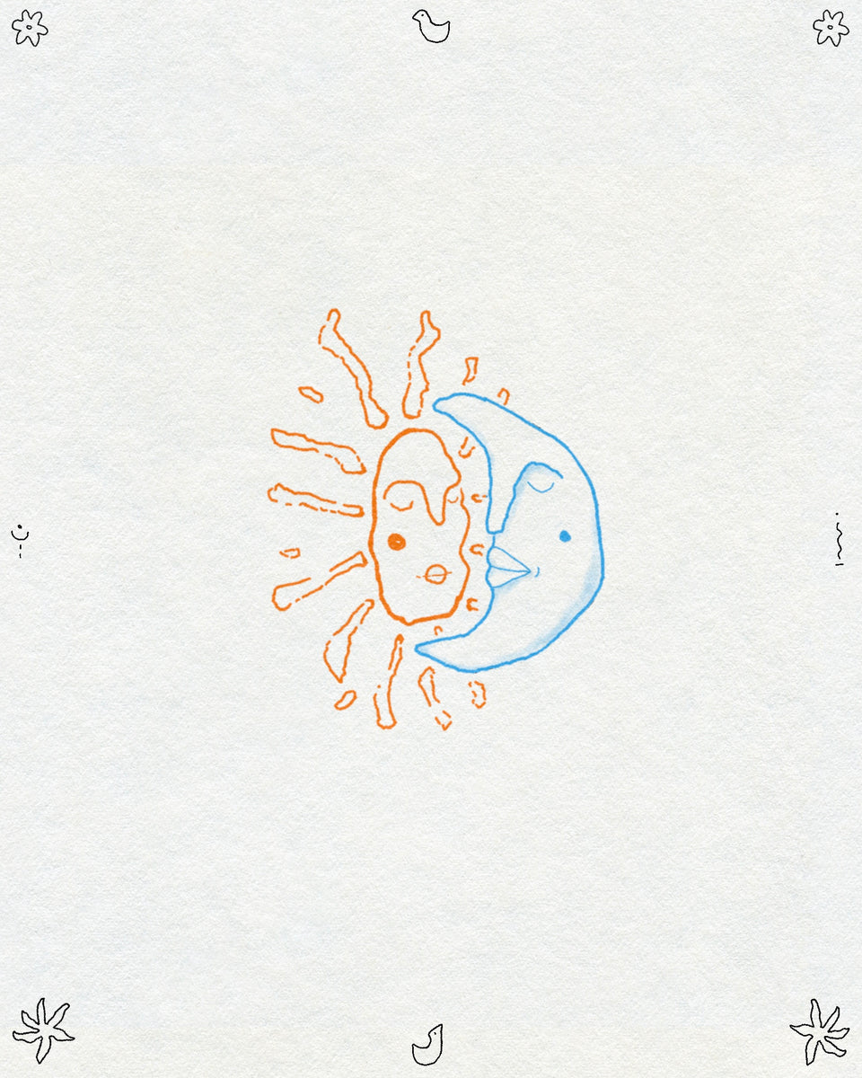 A doodle style drawing of an orange sun with a face and blue crescent moon with a face embracing. Small birds, flowers and symbols are around the edge of the page. 