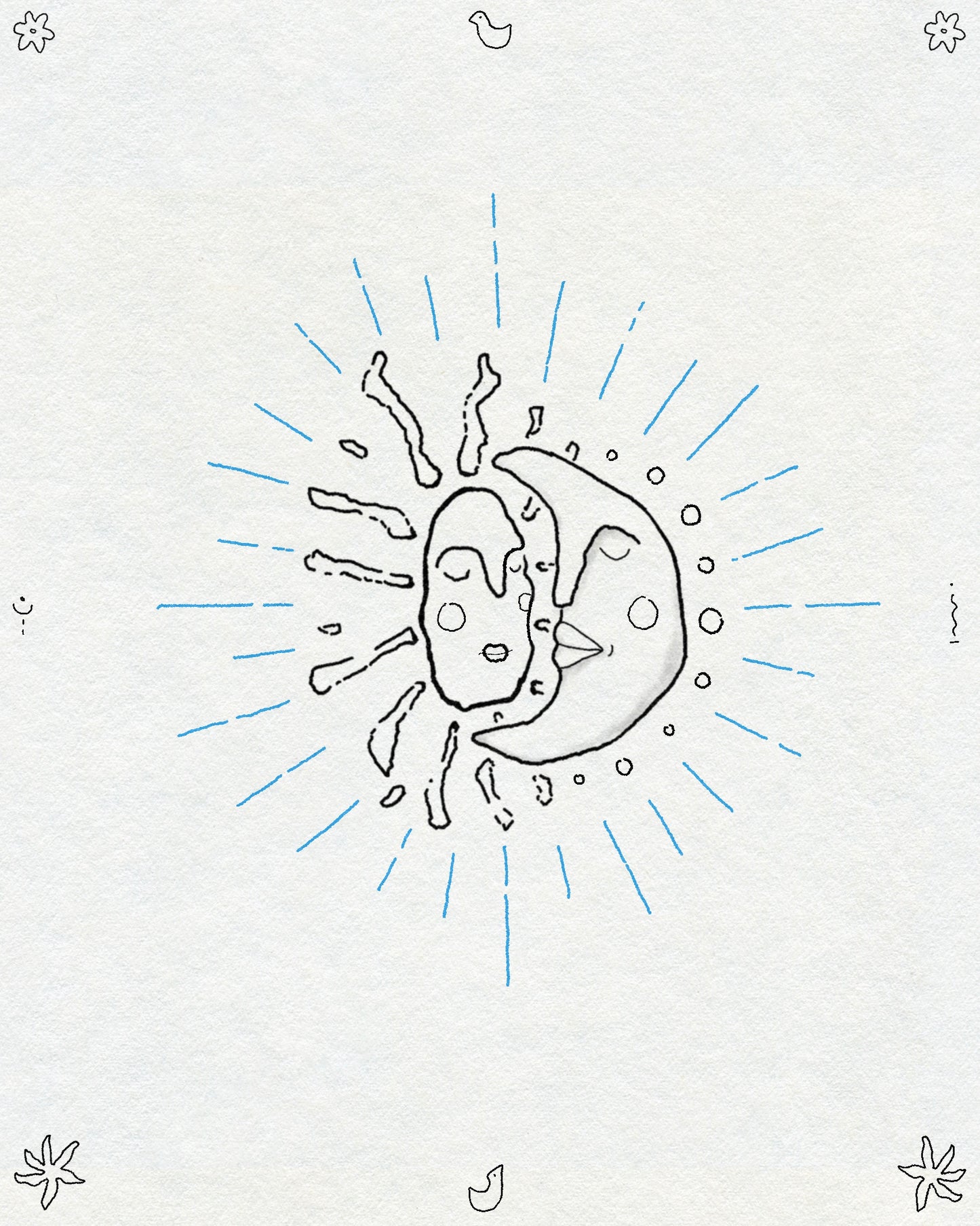 A sketch-style fine line sun and moon embrace with blue rays coming out from them. Small flowers, birds and symbols are around the edge of the page.
