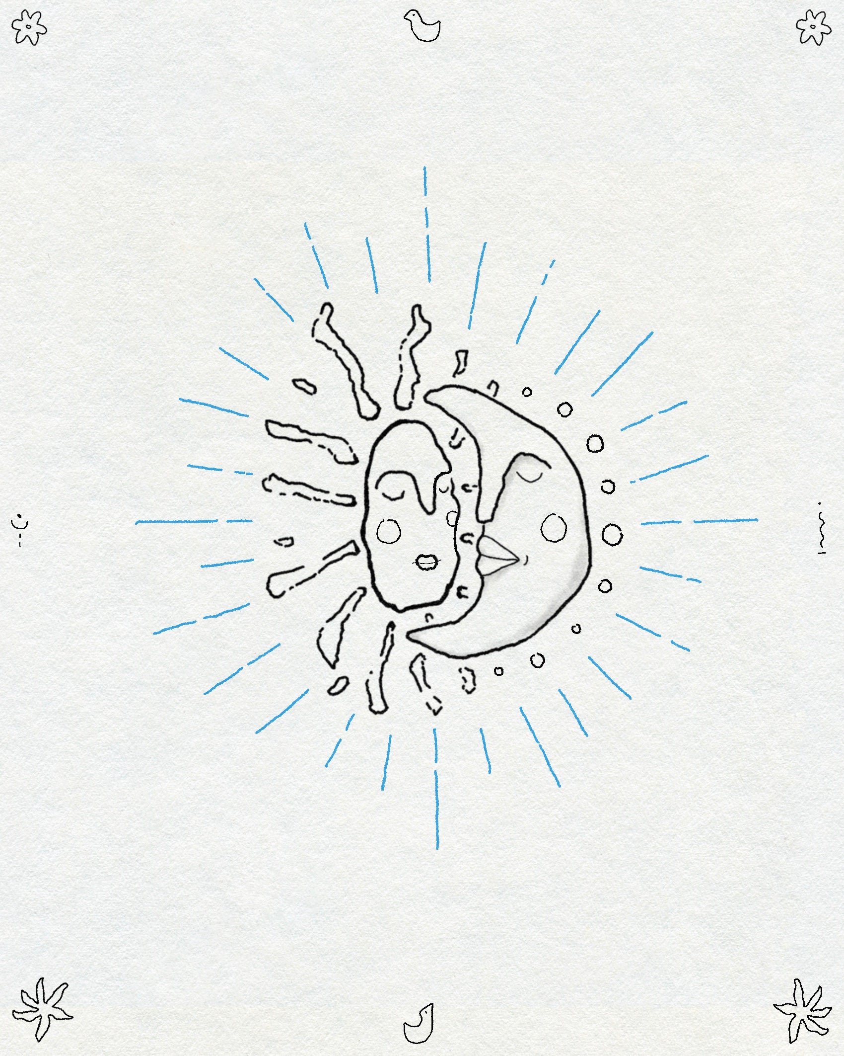 A sketch-style fine line sun and moon embrace with blue rays coming out from them. Small flowers, birds and symbols are around the edge of the page.