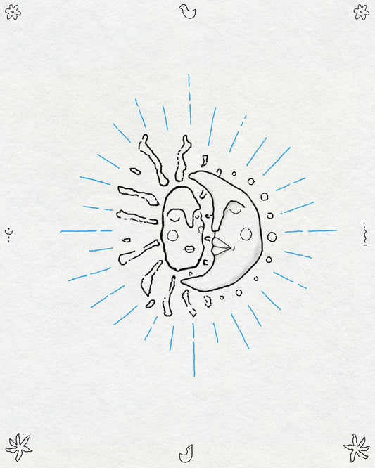 A sketch-style fine line sun and moon embrace with blue rays coming out from them. Small flowers, birds and symbols are around the edge of the page.
