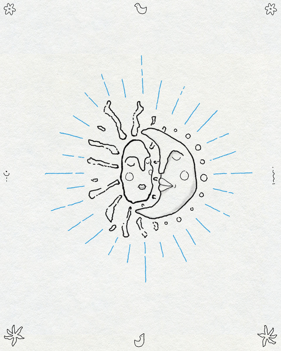 A sketch-style fine line sun and moon embrace with blue rays coming out from them. Small flowers, birds and symbols are around the edge of the page.