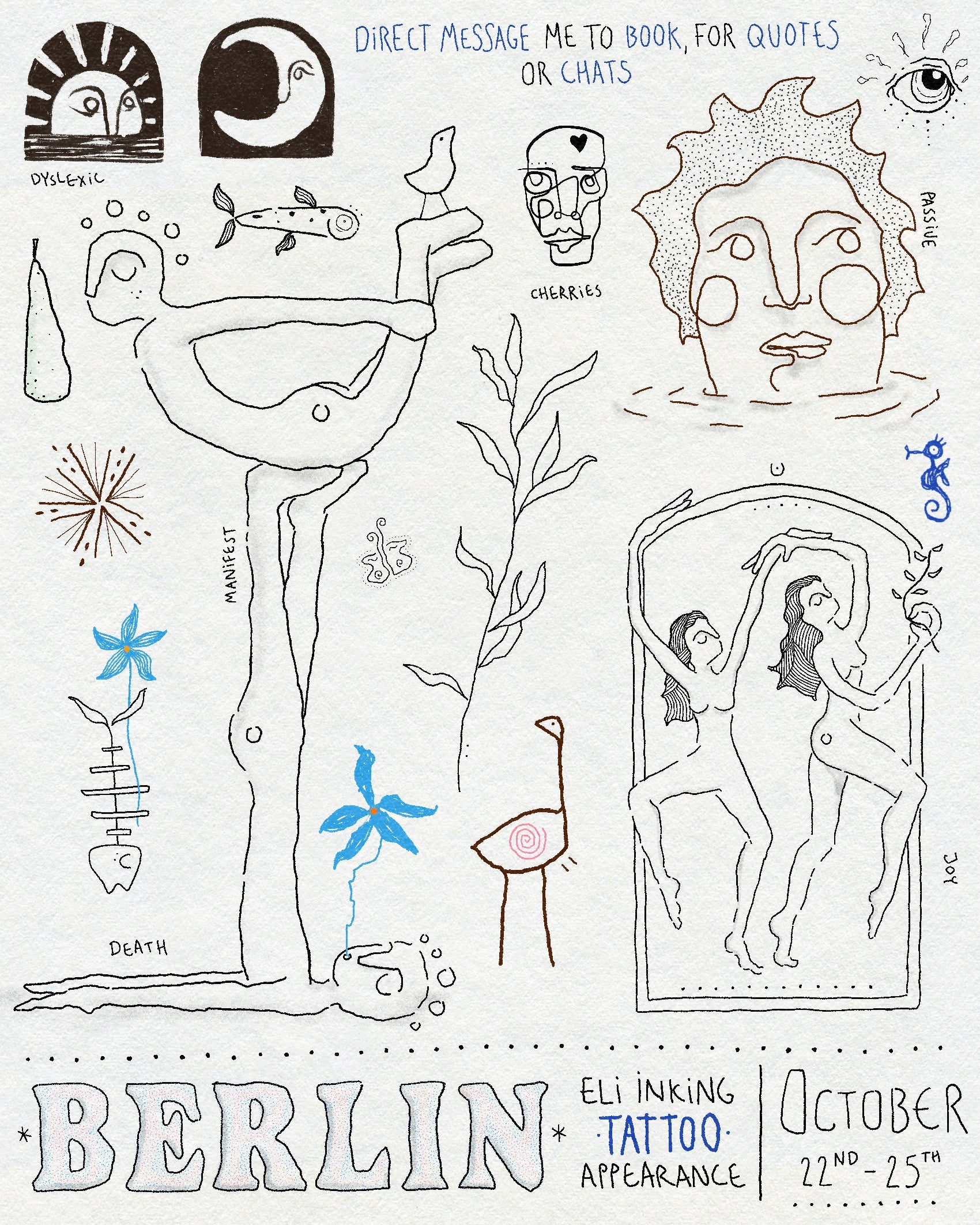A collection of tattoo designs including a sun and moon tile with blacked out background, two large figures doing a yoga pose, fine line botanical, delicate linework face tattoo and dancing figures. In black, blue and red ink. A poster for a Berlin guest spot. Text says BERLIN