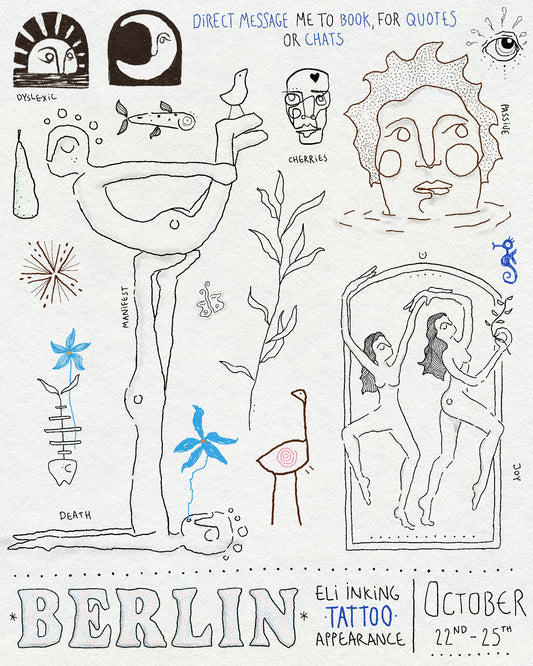 A collection of tattoo designs including a sun and moon tile with blacked out background, two large figures doing a yoga pose, fine line botanical, delicate linework face tattoo and dancing figures. In black, blue and red ink. A poster for a Berlin guest spot. Text says BERLIN