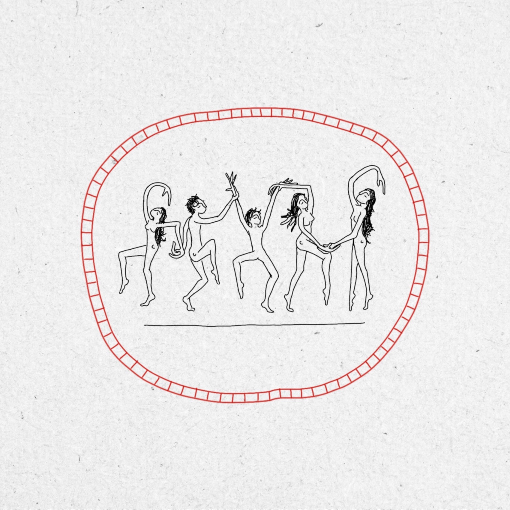 Tattoo design of dancers in black ink with a red circle around it on a textured white background.