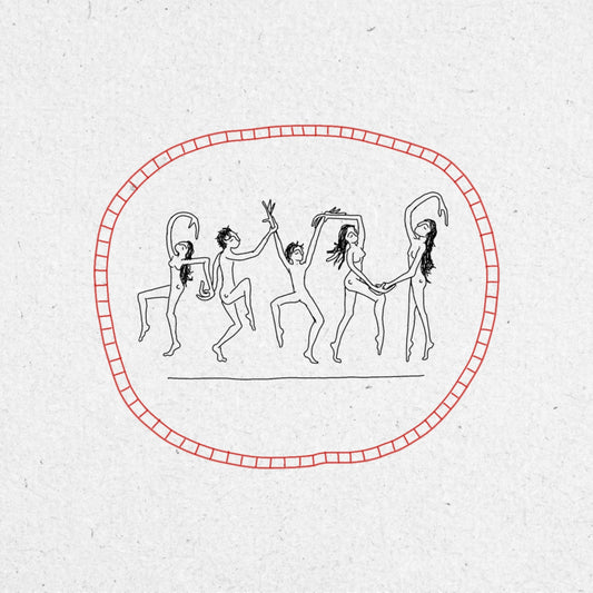 Tattoo design of dancers in black ink with a red circle around it on a textured white background.