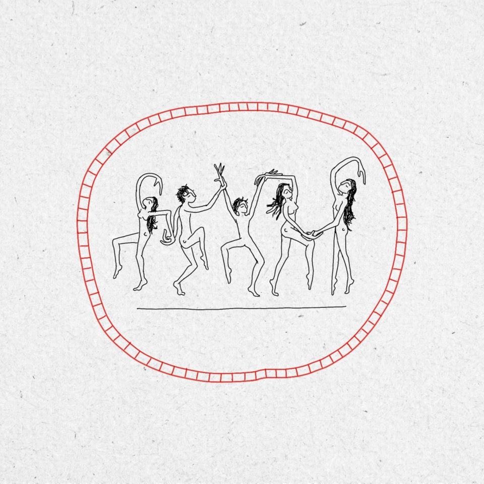 Tattoo design of dancers in black ink with a red circle around it on a textured white background.