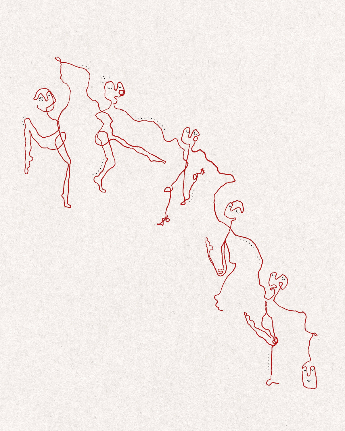 Five abstract dancing figures drawn in a single continuous red line, tumbling down textured paper with dotted trails