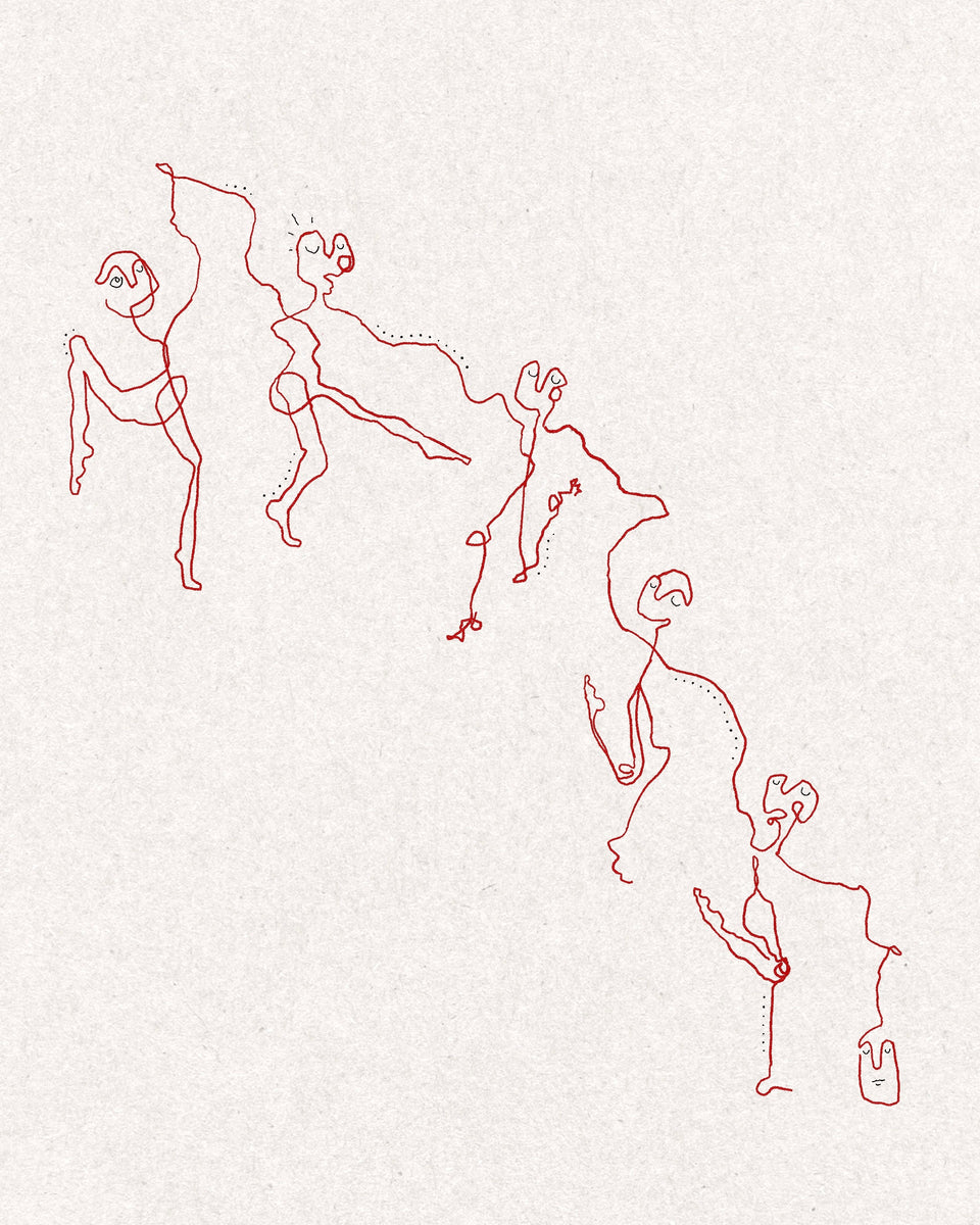 Five abstract dancing figures drawn in a single continuous red line, tumbling down textured paper with dotted trails