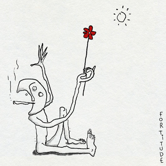 Fineline sketch-style drawing of a seated figure with a moon head smoking and holding a red flower with a small sun above them. In black ink. 