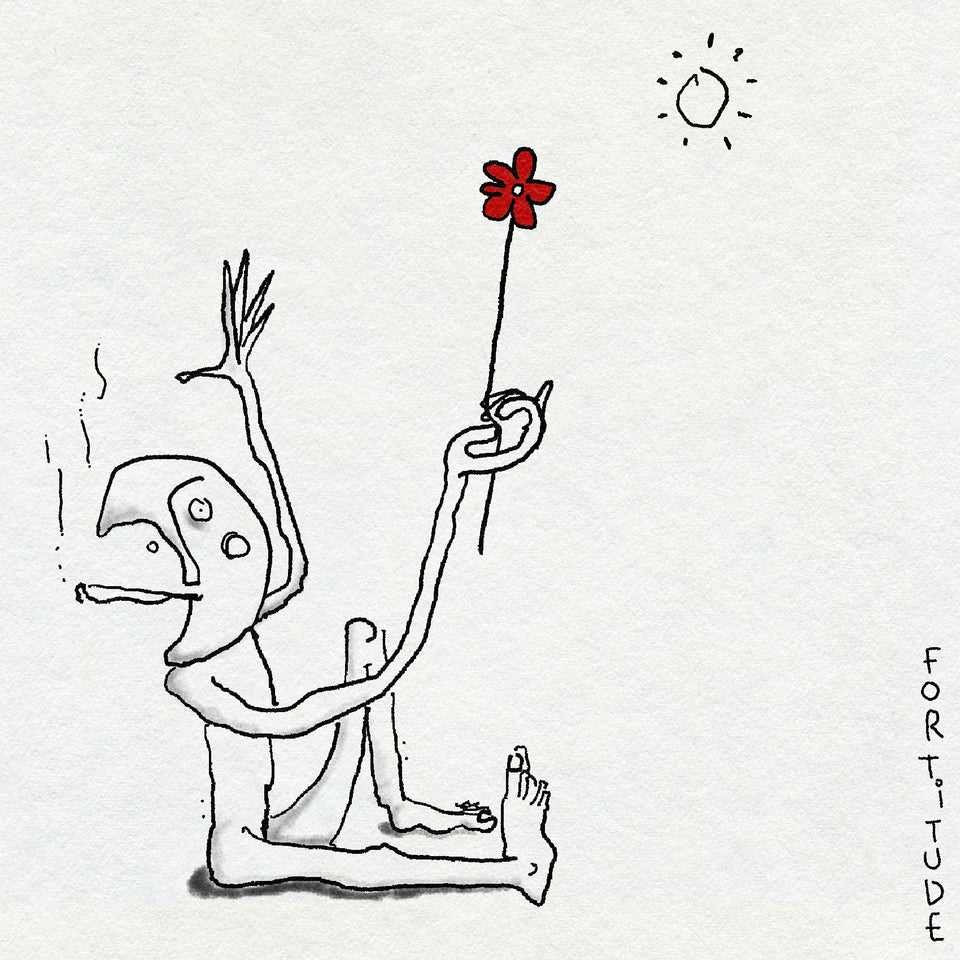 Fineline sketch-style drawing of a seated figure with a moon head smoking and holding a red flower with a small sun above them. In black ink. 