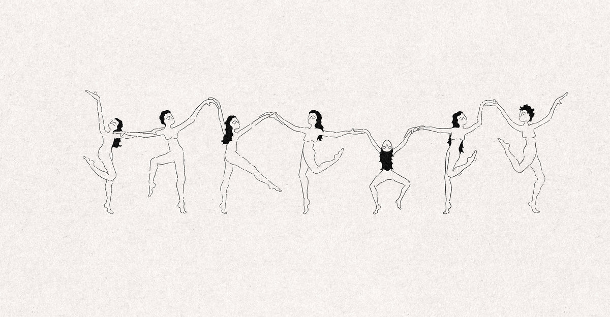 Seven dancing women holding hands, drawn in broken fine line with solid black hair, one upside down in the middle