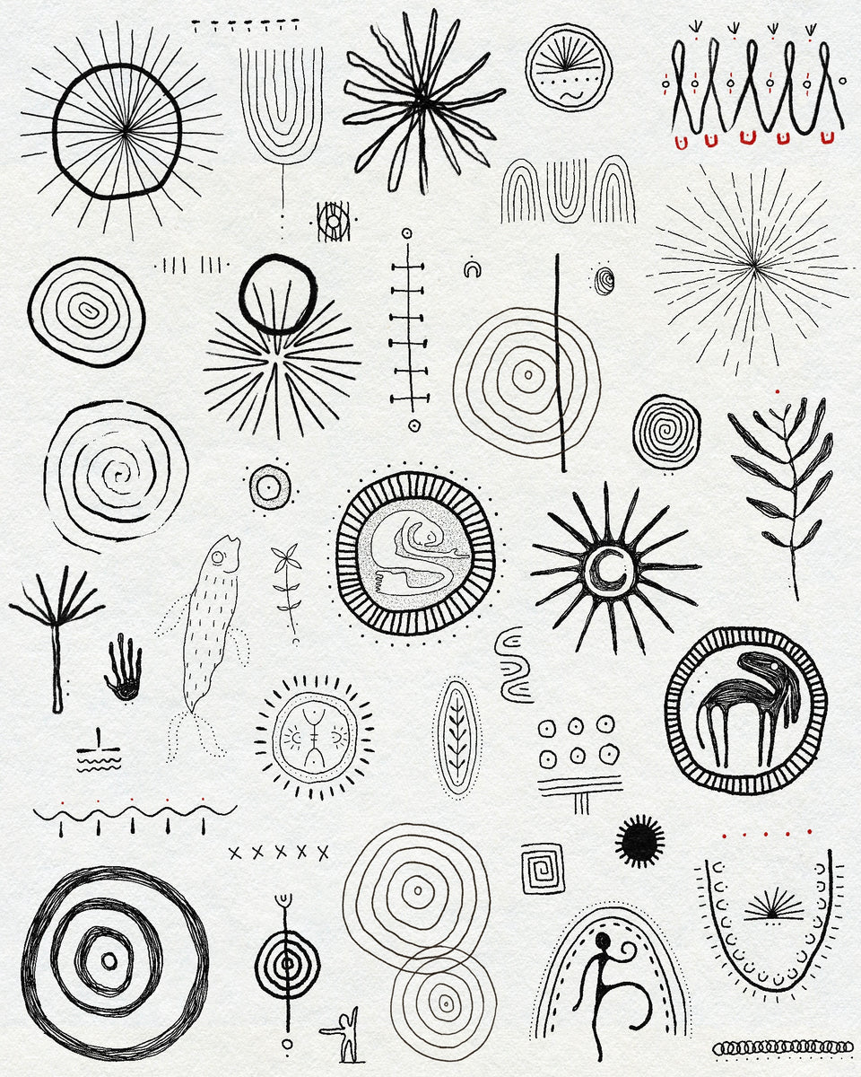 Sheet of rune, symbol and concentric circle tattoo designs inspired by cave art, by Eli Inking