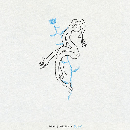 Fine line and textural drawing of a bendy person in black ink with a blue flower behind them on a light gray background, featuring the text 'Dance Hugely + Bloom'.