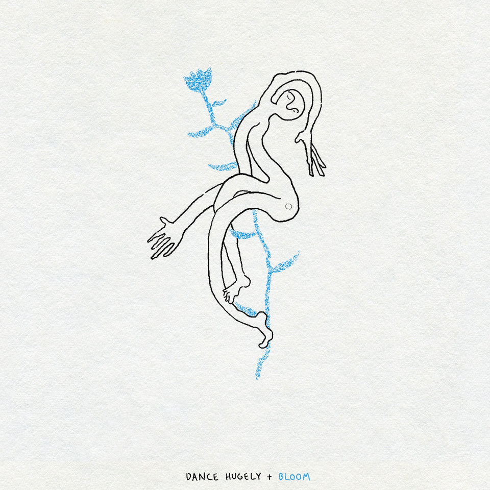 Fine line and textural drawing of a bendy person in black ink with a blue flower behind them on a light gray background, featuring the text 'Dance Hugely + Bloom'.