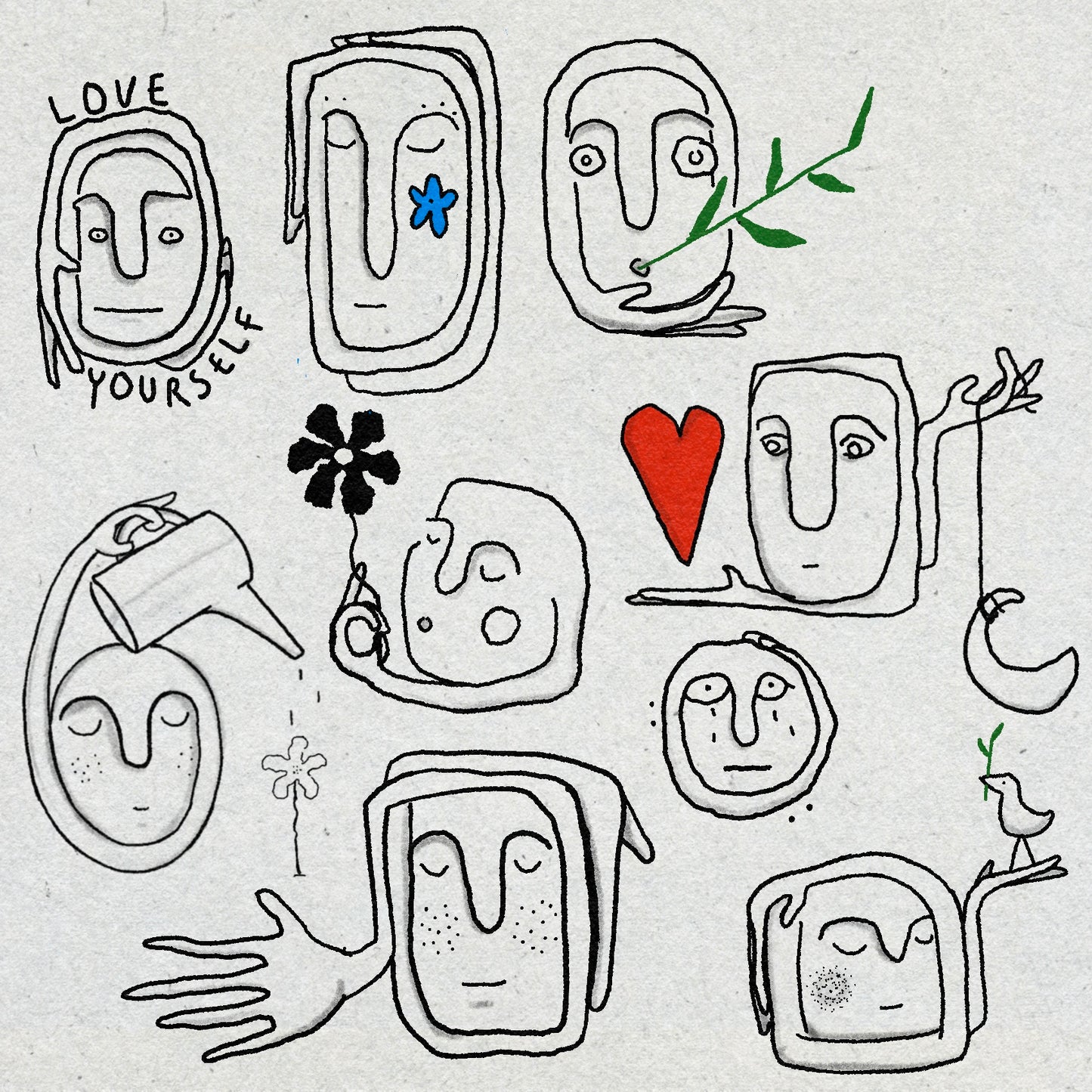 Fine line doodle style drawings of abstract faces and plants on a textured background with motivational text saying LOVE YOURSELF
