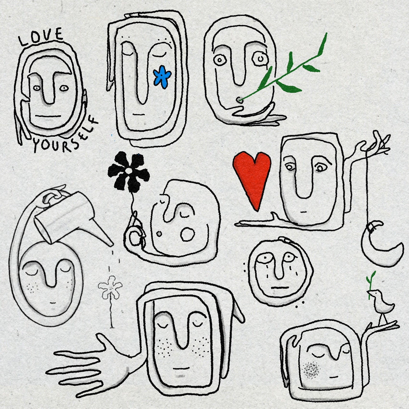 Fine line doodle style drawings of abstract faces and plants on a textured background with motivational text saying LOVE YOURSELF