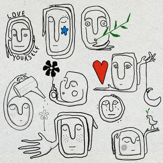 Fine line doodle style drawings of abstract faces and plants on a textured background with motivational text saying LOVE YOURSELF